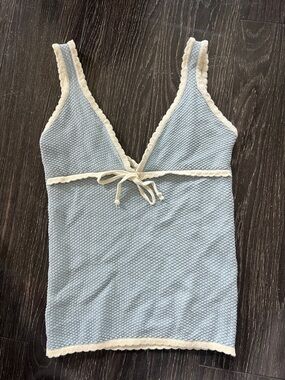 Djerf Avenue Light Blue Knit Tank with Cream Scallop Trim